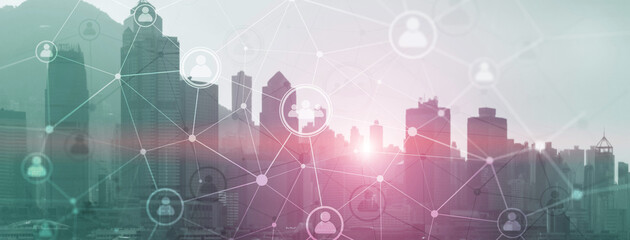 Double exposure mixed media people network structure. HR Human resources management