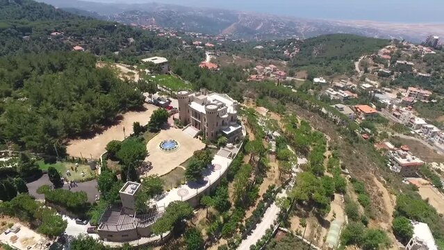 Orbit Shot Of Unique Old Medieval Hightower Castle, Baissour Village, Lebanon