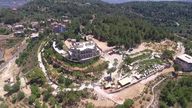 Orbit Shot Of Old Historical Hightower Castle In Panoramic aerial Daytime, Baissour, Lebanon