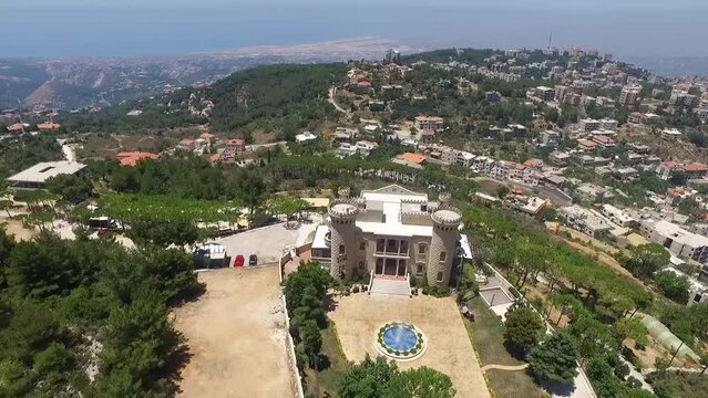 Pull Back Shot Of Vintage Hightower Castle Revealing Fabulous Mountains scenery, Baissour, Lebanon