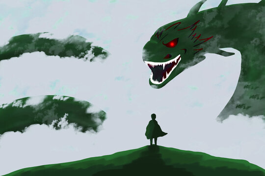 A young boy facing a huge dragon on a high mountain peak. Digital art style. illustration painting