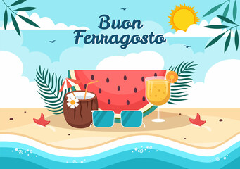 Buon Ferragosto Italian Summer Festival in Beach Cartoon Illustration on Public Holiday Celebrated on 15 August in Flat Style Design