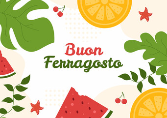 Buon Ferragosto Italian Summer Festival in Beach Cartoon Illustration on Public Holiday Celebrated on 15 August in Flat Style Design