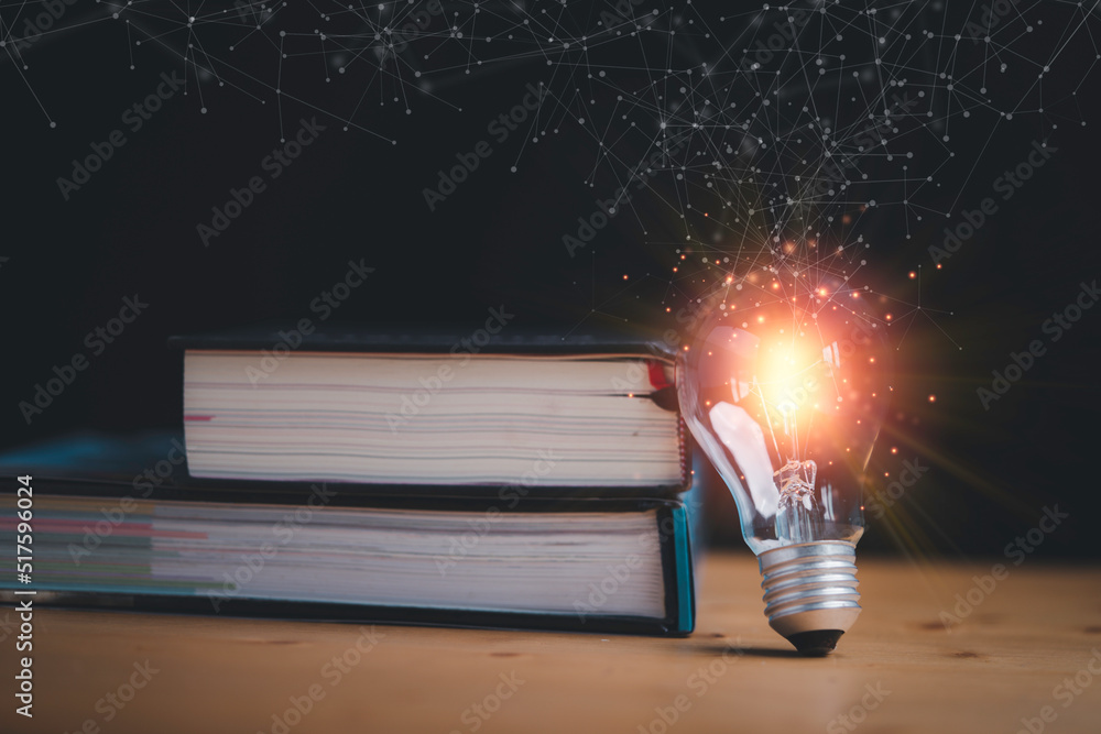 Poster glowing lightbulb standing with books and connection line for education study can make imagination a
