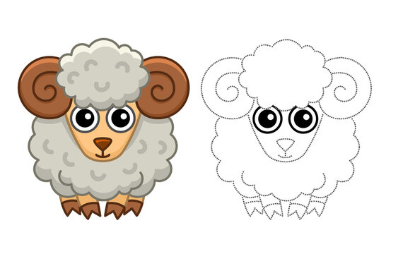 Farm animal for children coloring book. Vector illustration of funny ram, sheep in a cartoon style. Trace the dots and color the picture