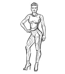 Fitness woman posing. Vector line art drawing, sketch