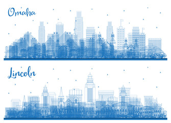 Outline Lincoln and Omaha Nebraska City Skyline Set with Blue Buildings.