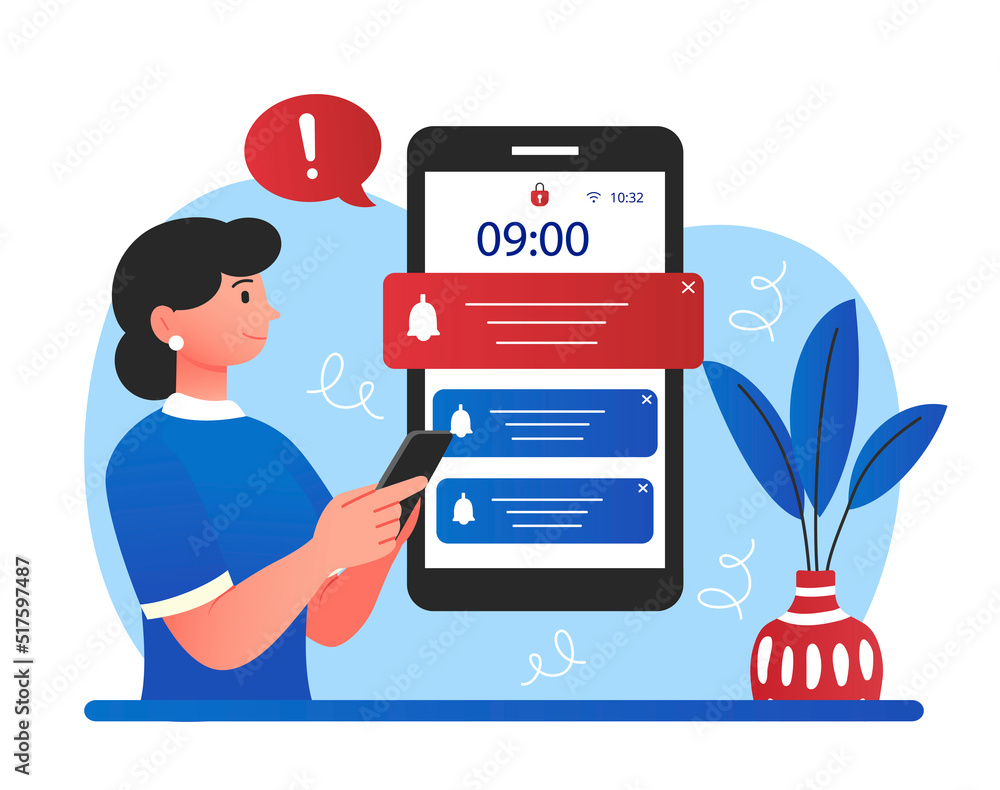 Poster push notifications concept. woman with smartphone checks news in applications. program updates, mess