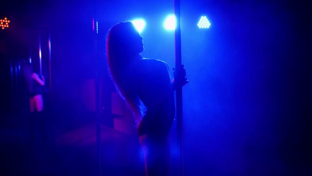 A flexible dancer in lingerie dances on a pole under the light of multi-colored spotlights in a night dance club.