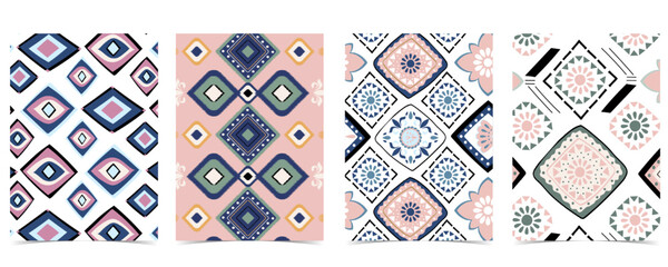 Blue geometric seamless pattern in boho style with square,tribal and circle