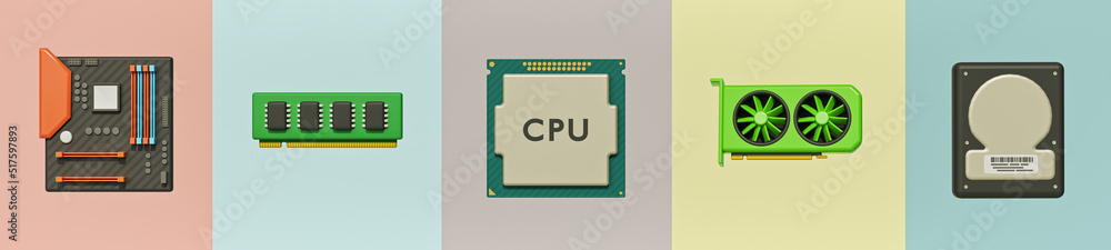 Poster cartoon style simple computer components set. computer hardware accessories parts. motherboard, ram,