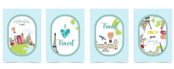 Travel greeting card with luggage,airplane,bus and world