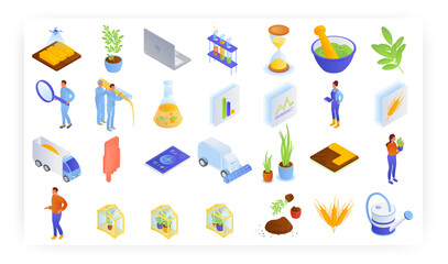 Smart farm, biotechnology, agricultural drone, vector icon set. Intelligent combine harvester, tabletop greenhouse, GMO.