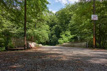 Road bridge in the forest. Old asphalt bridge with concrete blocks and rusty railings. A sign in Russian hangs on the post - Dog walking is prohibited.