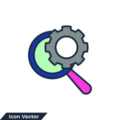 optimization icon logo vector illustration. Gears wheel and magnifying glass symbol template for graphic and web design collection