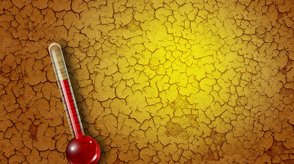 Heat Wave or heatwave thermometer and hot weather with soaring temperatures and extreme temperature resulting in drought as a natural disaster - obrazy, fototapety, plakaty