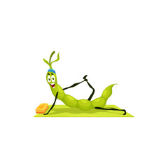 Cartoon green pea funny bean pod character on yoga or pilates fitness sport. Vector cute vegetable mascot in yogi pose lying on mat. Comic personage at stretching class, health care yoga practice