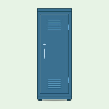 Single blue metal Lockers. Lockers in school or gym with silver handles and locks. Empty safe box with doors closed, cupboard.