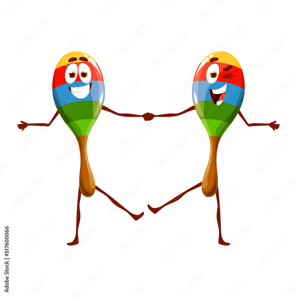 Wall mural cartoon maracas twins characters, isolated vector mexican musical instruments personages holding han