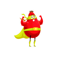 Cartoon rose hip superhero personage, berry defender, vector kids character. Funny cute rose hip fruit as super hero or strong guardian and rescue ranger in yellow mask and power cape