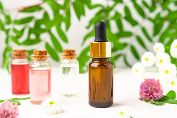 Bottles with flower extracts on a white table with flowers and leaves of the plant. Essential oil for massage and aromatherapy with natural ingredients.