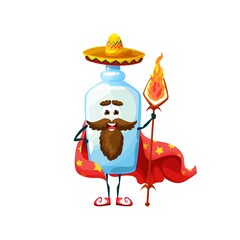Cartoon mexican pulque magician character. Isolated vector tequila bottle with magic staff wear sombrero and red cape with stars. Funny alcohol drink fairytale personage, smiling flask with big eyes