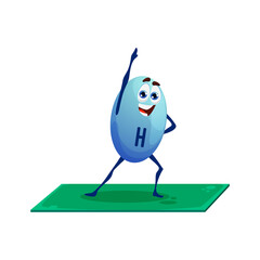 Cartoon vitamin H character, biotin personage on yoga fitness. Isolated vector happy capsule sports exercises. Funny bubble stand with raised arm in asana pose on mat. Healthy food supplement pilates