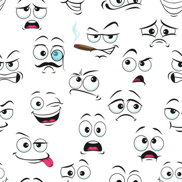 Smile face pattern, funny emoticons and happy emoji, vector seamless background. Cute smile characters pattern of cartoon kawaii emoticons laugh or scared, smoking cigar and with monocle or tongue out
