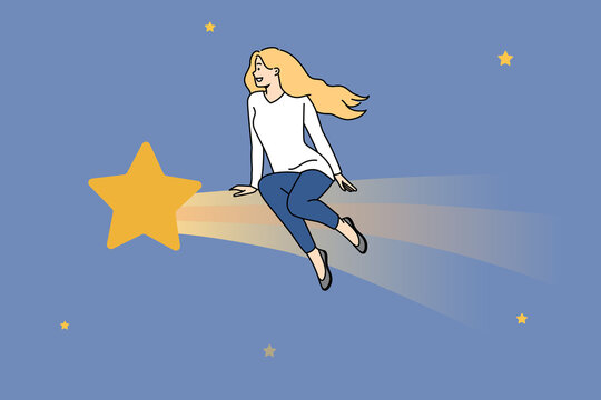 Young woman sitting on big star dreaming or thinking of future. Girl imagining perspectives or making plans. Dreamer in starry sky. Vector illustration. 