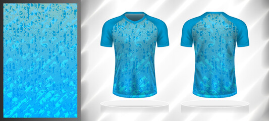 Vector sport pattern design template for V-neck T-shirt front and back with short sleeve view mockup. Dark and light shades of blue color gradient abstract grunge texture background illustration. © WK Dannait B
