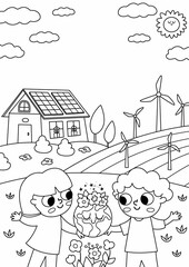 Vector black and white eco life scene with cute kids. Vertical card template with line ecological landscape. Green city illustration with forest, children, plants. Earth day coloring page.