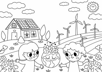 Vector black and white eco life scene with cute kids. Vertical card template with line ecological landscape. Green city illustration with forest, children, plants. Earth day coloring page.