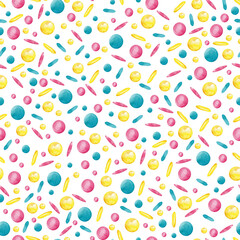 Watercolor seamless pattern with bus, ice cream, colored pastel shapes, flowers isolated on white background