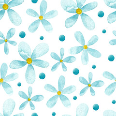 Watercolor seamless pattern with bus, ice cream, colored pastel shapes, flowers isolated on white background