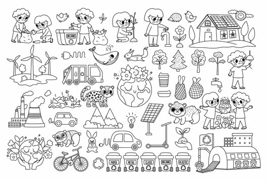 Vector black and white ecological set for kids. Earth day line collection with cute children, planet, waste recycling concept. Environment friendly coloring pack with alternative energy, solar panels.