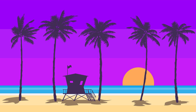 Beach coast landscape with Lifeguard Station. Palms, sea, ocean, coast view, sunset