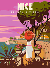 Nice Lady on vacation, French Riviera coast poster vintage, palm, resort, coast, sea, beach