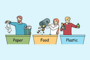People sorting waste in containers. Eco friendly volunteers or activists care about environment. Ecology management concept. Vector illustration. 