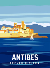 Antibes Fortress French Riviera Retro Poster. Tropical coast scenic view, palm, Mediterranean marine, sea town. - obrazy, fototapety, plakaty