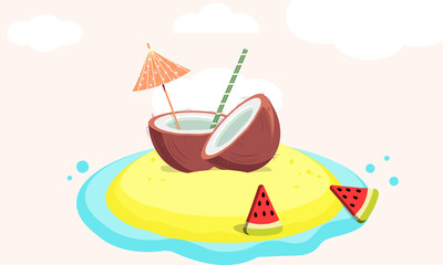 Summer coconut cocktail vector illustration/beach/watermelon
