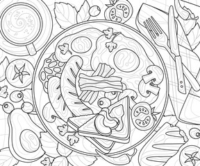 Design for coloring book. Breakfast with scrambled eggs, sausages, sandwiches, vegetables and delicious coffee. Antistress or entertainment for children and adults. Cartoon linear vector illustration