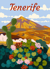 Tenerife Travel Retro Poster, view on volcano Teide, flowers, cactus. Vintage postcard Canary Islands, Spain, vector © hadeev