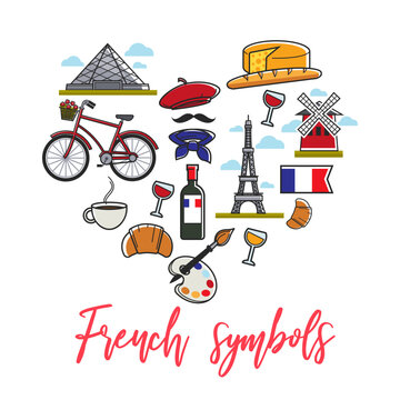 Travel agency brochures French culture and symbols architecture and cuisine vector