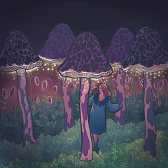 girl walks in the forest of magical giant huge mushrooms - 517601681