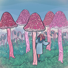 girl walks in the forest of magical giant huge mushrooms - 517601682
