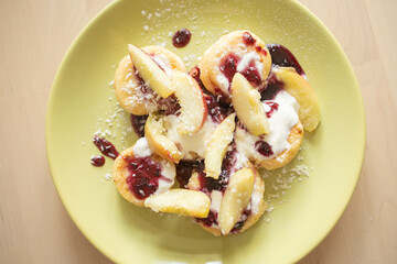 homemade food, dessert with cottage cheese and fruits. Food at home, weight loss dish, fruit syrniki