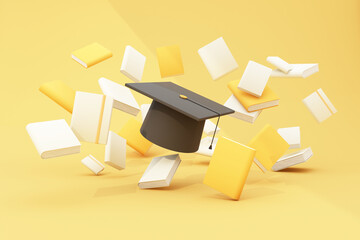Back to school with school supplies and equipment. background and poster for back to school. Lots of books in pastel colors with floating degree cap. on yellow pastel tone. 3d render - obrazy, fototapety, plakaty