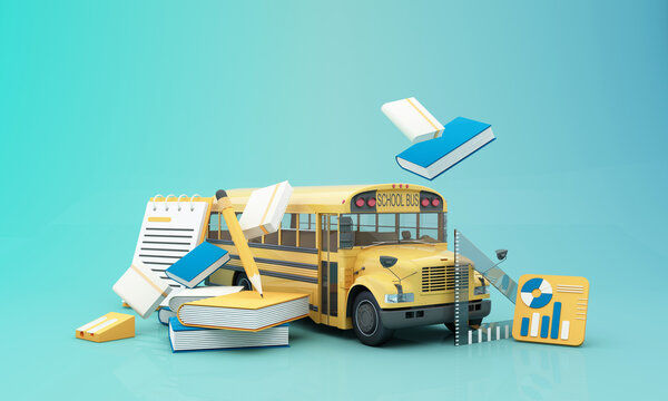 Back to school with school supplies and equipment. School bus with school accessories and books on yellow and blue background. 3D Rendering, 3D Illustration