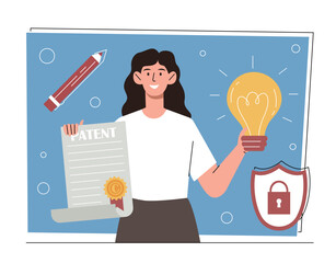 Copyright intellectual property. Woman holds certificate confirming authorship of text. Creative personality, character holding light bulb. Insight and idea. Cartoon flat vector illustration