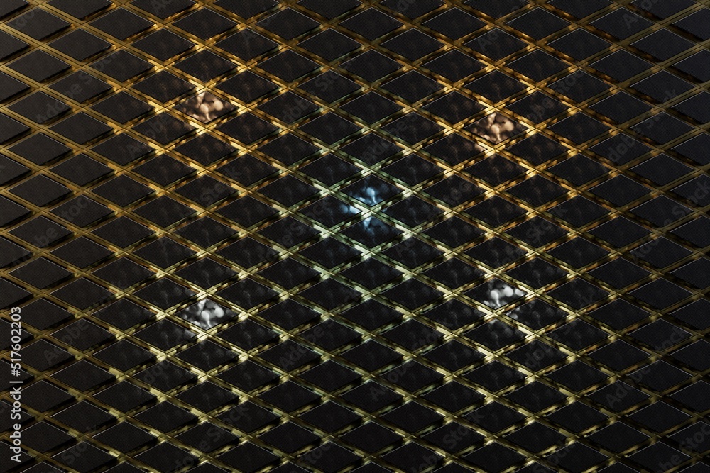 Poster abstract background. rhombus patterns. illuminated grid of golden color on a dark background. 3d ill